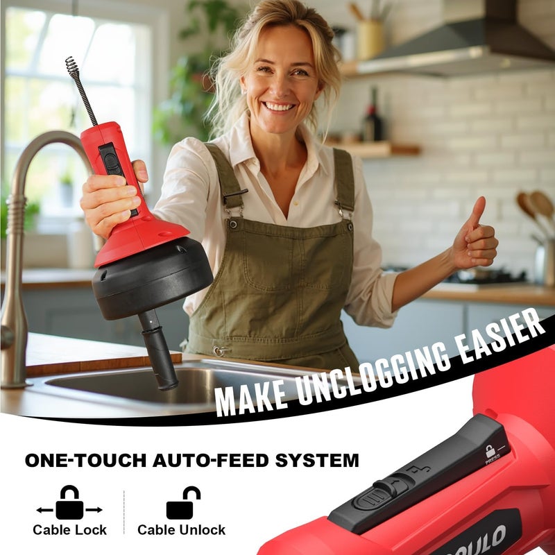populo Drain Auger, Auto Feed Plumbing Snake Clog Remover for Unclog Sink Drain 3/4"-2" Pipe, 16 Ft Snake Hair Drain Clog Remover Cleaner Tools Manually or Powered for Shower, Bathtub, Kitchen, Sink - Image 2